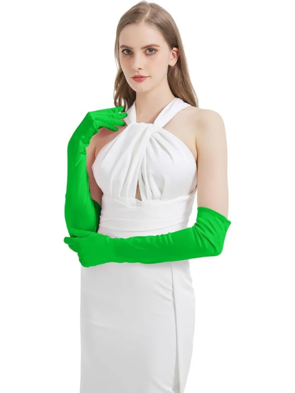 Women's Bright Green Satin Opera Elbow Length 1920s Flapper Long Gloves Party